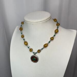Liz Claiborne pendant necklace signed costume jewelry amber green beading beads